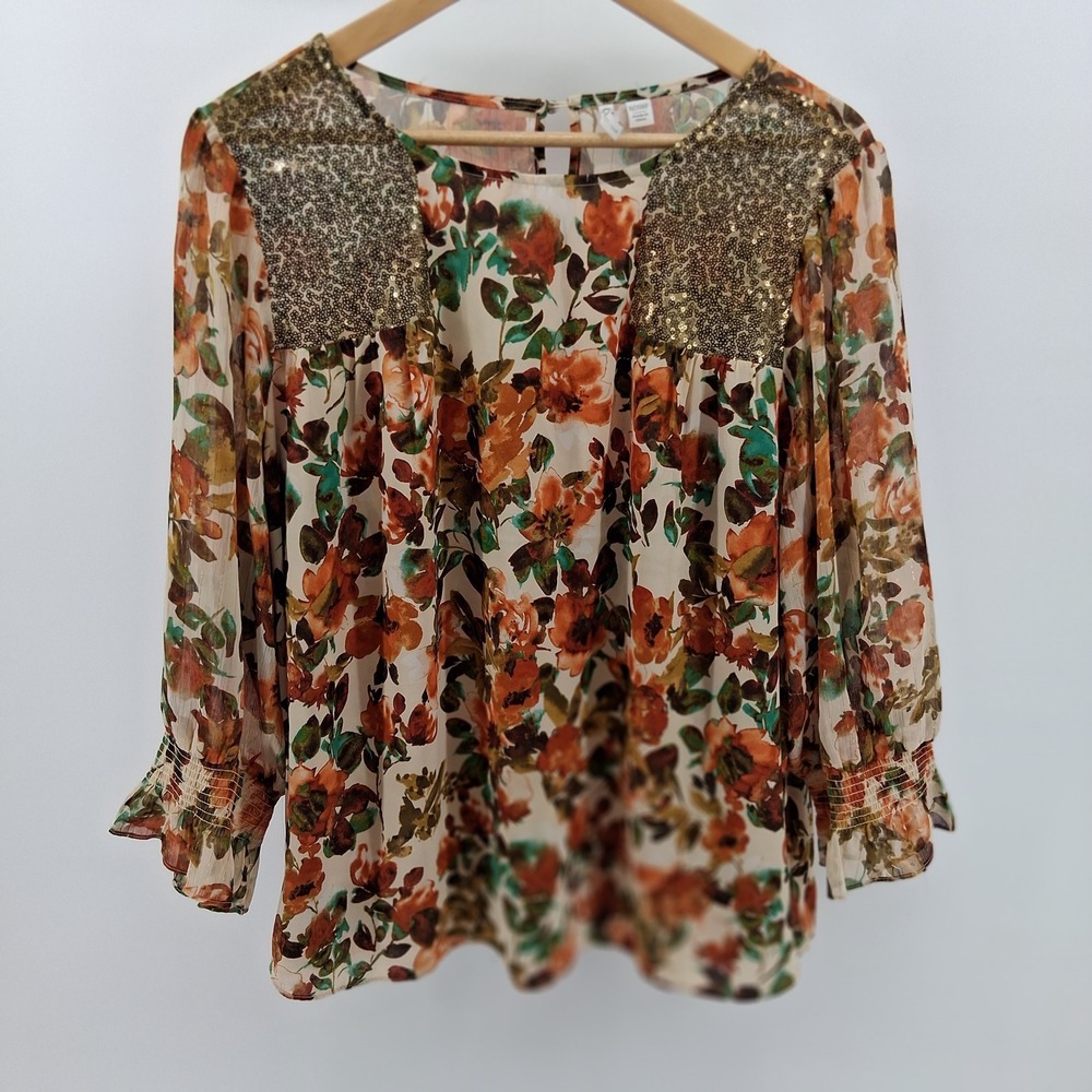 Cato Dark Floral Sequin Blouse Womens‎ 18/20WP Long Sleeve Sheer Boho Peasant